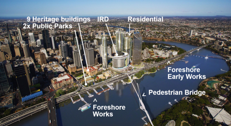 Aerial view of the Queen's Wharf development project by DBM Vircon in Brisbane.